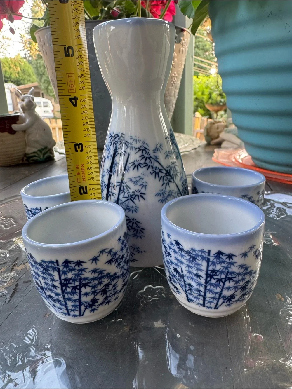 Kafuh Japan Blue & White Bamboo Porcelain Vintage Sake Set - 5 Pc